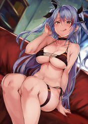  1girl alternate_costume antenna_hair areola_slip arm_support azur_lane bare_shoulders bikini black_bikini black_ribbon blurry blurry_background blush breasts choker cleavage closed_mouth commentary_request covered_erect_nipples cross cross_earrings earrings flag_print german_flag_bikini groin hair_between_eyes hair_ribbon hand_in_own_hair highres iron_cross jewelry large_breasts licking_lips long_hair lounge maki_(maki_pei) multicolored_hair navel piercing prinz_eugen_(azur_lane) prinz_eugen_(unfading_smile)_(azur_lane) red_hair ribbon seductive_smile side-tie_bikini_bottom sidelocks signature silver_hair sitting skindentation smile solo stomach strap_gap streaked_hair swept_bangs swimsuit thigh_strap tongue tongue_out two_side_up very_long_hair window  rating:Questionable score:37 user:danbooru