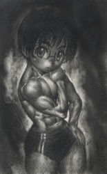 androgynous apyoapyo flat_chest gender_request glasses loli makki_(apyoapyo) monochrome muscular short_hair source_request rating:Questionable score:14 user:Fynneun