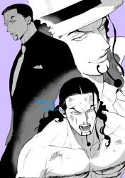  1boy absurdres dated facial_hair formal goatee greyscale_with_colored_background hat highres long_hair looking_at_viewer male_focus momoh_jiyucho multiple_views necktie one_piece purple_background rob_lucci signature simple_background suit top_hat topless_male 