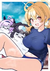  3girls :d absurdres ahoge black_hair black_shirt blonde_hair blue_archive blue_buruma blue_sky blush breasts buruma day engineering_department_(blue_archive) eyewear_on_head floating_headgear gym_shirt gym_uniform halo headgear hibiki_(blue_archive) hibiki_(cheer_squad)_(blue_archive) highres hot kotori_(blue_archive) kotori_(cheer_squad)_(blue_archive) large_breasts looking_at_viewer melting midriff multiple_girls navel open_mouth outdoors plump purple_hair shirt short_hair short_twintails sitting sky smile steam steaming_body sunglasses sweat tananne triangle_halo twintails utaha_(blue_archive) utaha_(cheer_squad)_(blue_archive) 