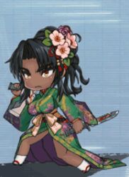  1girl animated animated_gif bare_legs bouncing_breasts breasts chibi dark-skinned_female dark_skin flower flower_on_head full_body gun holding holding_weapon japanese_clothes kimono knife lilith-soft lowres medium_breasts mirabell_bell nail_polish rifle sheath taimanin_(series) taimanin_rpgx thick_thighs thighs unsheathing weapon yukata  rating:Sensitive score:14 user:Popote