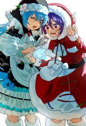  2girls :d belt black_belt blue_hair bow bowtie capelet cream dress fake_facial_hair fake_mustache feet_out_of_frame fur-trimmed_capelet fur-trimmed_dress fur-trimmed_footwear fur-trimmed_headwear fur-trimmed_sleeves fur_trim green_capelet green_dress green_hood hand_on_another&#039;s_head haniyasushin_keiki hat highres holding long_hair long_sleeves maisuiren multiple_girls one_eye_closed open_mouth pom_pom_(clothes) pouch purple_eyes purple_hair red_bow red_bowtie red_dress red_eyes santa_dress santa_hat short_hair simple_background smile solo tenkyuu_chimata touhou very_long_hair wavy_mouth whisk white_background 