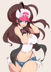  1girl antenna_hair bare_shoulders baseball_cap beige_background black_panties black_vest blue_eyes blue_shorts breasts brown_hair cleavage covered_erect_nipples cowboy_shot creatures_(company) crop_top female_focus game_freak hair_through_headwear hands_up happy hat highleg highleg_panties highres hilda_(pokemon) jpeg_artifacts large_breasts long_hair looking_to_the_side micro_shorts nac000 navel nintendo no_bra open_mouth panties pink_hat poke_ball_symbol poke_ball_theme pokemon pokemon_bw ponytail shirt short_shorts shorts simple_background sleeveless sleeveless_shirt smile solo standing stomach sweatband thick_thighs thighs torn_clothes torn_shorts underwear vest white_shirt wide_hips  rating:Questionable score:72 user:AngryZapdos
