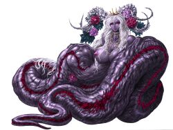  1girl absurdly_long_hair alipheese_fateburn_i bmp-to-png_conversion color_banding colored_skin crown deep_skin demon_girl flower full_body game_cg horn_flower horns huge_horns jewelry lamia leaning_on_self lips long_hair looking_at_viewer mon-musu_quest! monster_girl naglfar necklace nipples non-web_source nude pink_flower pink_rose purple_skin pussy red_eyes red_flower red_rose rose simple_background solo transparent_background uncensored very_long_hair white_hair white_horns 
