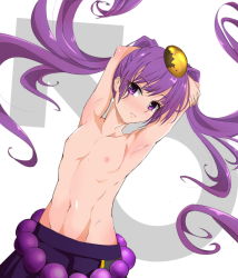  androgynous armpits arms_behind_head bad_id bad_pixiv_id gender_request hakama hakama_skirt highres japanese_clothes langqing_zoutianya long_hair navel nipples purple_eyes purple_hair puzzle_&amp;_dragons skirt solo topless twintails yomi_(p&amp;d)  rating:Questionable score:16 user:danbooru