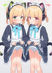  2girls absurdres animal_ear_headphones animal_ears apron black_dress blonde_hair blue_archive blush cat_tail closed_mouth dress fake_animal_ears feet_out_of_frame green_eyes green_halo grey_background halo headphones highres loli long_sleeves looking_at_viewer maid maid_headdress matanukinuki midori_(blue_archive) midori_(maid)_(blue_archive) momoi_(blue_archive) momoi_(maid)_(blue_archive) multiple_girls open_mouth panties pink_halo red_eyes short_hair siblings simple_background sisters smile tail twins underwear white_apron white_panties  rating:Sensitive score:6 user:danbooru