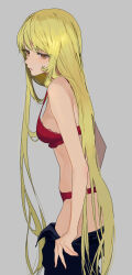  1girl blonde_hair bra brown_eyes ginga_tetsudou_999 grey_background highres lace lace-trimmed_bra lace_trim long_hair looking_at_viewer maetel red_bra simple_background solo some1else45 underwear undressing very_long_hair 