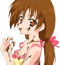  1girl arm_at_side bad_id bare_shoulders border breasts brown_eyes brown_hair camisole chocolate chocolate_in_hair chocolate_on_body chocolate_on_clothes chocolate_on_face cleavage close-up closed_mouth collarbone flat_chest food food_on_body food_on_clothes food_on_face from_side hair_between_eyes hand_up hayami_ayumi loli long_hair looking_at_viewer looking_to_the_side messy sexually_suggestive simple_background solo strap_slip submarine_707r suggestive_fluid tongue tongue_out twintails white_background white_border yamamura_hiroki yellow_camisole 