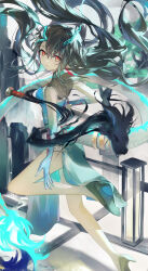  1girl absurdres aqua_dress arknights black_hair china_dress chinese_clothes dragon_girl dragon_horns dragon_tail dress dusk_(arknights) dusk_(everything_is_a_miracle)_(arknights) earrings fiery_tail gradient_skin green_dress green_horns highres horns jewelry kamatoyu long_hair red_eyes sleeveless sleeveless_dress slit_pupils solo tail tail_ornament tail_ring tassel tassel_earrings 