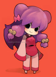  1girl bad_id bad_pixiv_id bell blue_eyes bow chibi chinese_clothes double_bun full_body hair_bun kenko long_hair no_nose pants pink_pants purple_hair ranma_1/2 shampoo_(ranma_1/2) simple_background sleeves_past_wrists smile solo standing watermark web_address wide_sleeves 