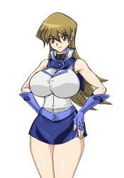  1girl absurdres bare_shoulders blonde_hair blue_gloves blue_skirt breasts closed_mouth duel_academy_uniform_(yu-gi-oh!_gx) female_focus fingerless_gloves gloves hair_between_eyes hand_on_own_hip highres large_breasts long_hair looking_at_viewer matching_hair/eyes simple_background skirt smile solo standing tenjouin_asuka white_background yellow_eyes yu-gi-oh! yu-gi-oh!_gx zahkey 