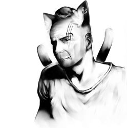  1boy akino_sora animal_ears bruce_willis cat_boy cat_ears cat_tail chen closed_mouth commentary_request earrings extra_ears fusion greyscale hat jewelry looking_at_viewer male_focus mob_cap monochrome multiple_tails nekomata scar scar_across_eye scar_on_face shirt simple_background smile solo tail touhou two_tails upper_body white_background 