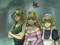  3girls alice_(embric) bird blonde_hair breasts cleavage elf embric_of_wulfhammer&#039;s_castle falwythwier_windgrace feathers forest green_eyes long_hair lowres maid maid_headdress multiple_girls nature non-web_source official_art pointy_ears princess qvga ringlets roarke_(lavenderincubus) stratovarious stratovarius_(embric) the_duchess_of_elstwhere tiara 