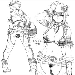 1girl animal_ears araiguma-san bandaged_arm bandages bandana belt belt_buckle bikini bikini_top_only boots borrowed_design breasts buckle censored chaps commentary cowboy_hat cowboy_western cropped_vest dated ears_through_headwear female_pubic_hair fringe_trim gloves greyscale gun gunbelt hand_on_headwear hands_on_own_hips hat holster large_breasts legs_apart light_frown looking_at_viewer looking_back moderate_pubic_hair monochrome multiple_views navel no_panties novelty_censor open_clothes open_vest original pubic_hair raccoon raccoon_ears raccoon_tail short_hair sidelocks signature sketch swimsuit tail tsukudani_(coke-buta) vest weapon rating:Questionable score:34 user:danbooru