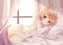1girl absurdres bad_id bad_pixiv_id bed_sheet blanket blonde_hair brown_eyes cleft_of_venus collared_shirt commentary curtains dress_shirt gluteal_fold highres hip_focus light_particles light_rays loli looking_at_viewer lying naked_shirt on_bed on_side original own_hands_together parted_lips pillow pussy see-through shirt short_hair solo thighs tsukimi_(xiaohuasan) white_shirt window rating:Explicit score:60 user:danbooru