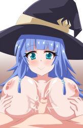1boy 1girl after_paizuri blue_eyes blue_hair blue_skirt blush breasts censored charlotte_wraith cum cum_on_body cum_on_breasts cum_on_upper_body foreskin grabbing_own_breast hat highres large_breasts long_hair looking_at_viewer nipples nude paizuri penis pov skirt smile tensei_kizoku_kantei_skill_de_nariagaru very_long_hair witch_hat