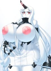 1girl abyssal_ship bags_under_eyes breasts breasts_out claws colored_skin curvy detached_sleeves dotil dress highres horns huge_breasts kantai_collection large_areolae large_nipples long_hair looking_at_viewer multiple_girls nipples no_bra open_mouth pale_skin puffy_nipples red_eyes ribbed_dress seaport_princess short_dress single_horn solo thick_thighs thighs very_long_hair white_hair white_skin wide_hips rating:Questionable score:66 user:animeboy12