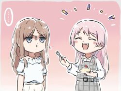  ... 2girls ^_^ bang_dream! bang_dream!_it&#039;s_mygo!!!!! birthday_cake blue_eyes blush brown_hair cake chihaya_anon closed_eyes commentary_request dress fang food grey_dress happy_birthday jewelry laughing long_hair long_sleeves lyy multiple_girls nagasaki_soyo necklace open_mouth outline pinafore_dress pink_background pink_hair puffy_short_sleeves puffy_sleeves shirt short_sleeves sidelocks sleeveless sleeveless_dress spoken_ellipsis teeth upper_teeth_only white_outline white_shirt 