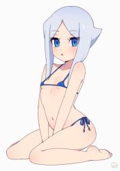 10s 1girl bare_arms bare_legs bare_shoulders between_legs bikini blue_bikini blush breasts collarbone eyes_visible_through_hair female_focus full_body future_card_buddyfight hand_between_legs looking_to_the_side moyori navel outside_border parted_lips seiza short_hair_with_long_locks side-tie_bikini_bottom signature sitting small_breasts sofia_sakharov solo swimsuit white_background rating:Sensitive score:38 user:Domestic_Importer