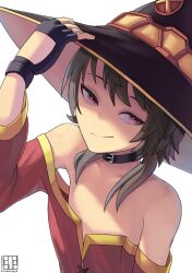  absurdres artist_request bare_shoulders brown_hair collar collarbone dress fingerless_gloves flat_chest gloves hand_on_headwear hat highres holding holding_clothes holding_hat kono_subarashii_sekai_ni_shukufuku_wo! megumin off-shoulder_dress off_shoulder red_eyes short_hair_with_long_locks smug white_background witch_hat  rating:General score:19 user:Username7