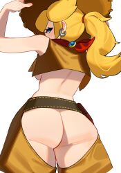  1girl absurdres adjusting_clothes adjusting_headwear ass ass_cutout belt blonde_hair blue_eyes breasts brown_vest chaps clothing_cutout come_hither commentary cowboy_hat cowgirl_(western) cowgirl_peach earrings english_commentary from_behind hat highres jewelry l4wless looking_back mario_(series) medium_breasts nintendo no_bra no_panties ponytail princess_peach princess_peach:_showtime! red_scarf revealing_clothes scarf seductive_gaze solo underboob vest  rating:Questionable score:66 user:danbooru