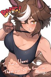  1girl abs absurdres animal_ears black_shirt blush breasts brown_eyes brown_hair cleavage clothes_pull commentary commission crop_top english_commentary hawe_king highres horse_ears horse_girl horse_tail indie_virtual_youtuber large_breasts looking_at_viewer multicolored_hair navel one_eye_closed pulled_by_self second-party_source shirt shirt_pull simple_background skeb_commission smile solo sound_effects tail teeth tomoe_umari virtual_youtuber white_background white_hair 