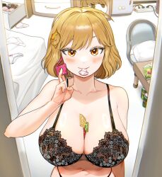  1girl ahoge anis_(nikke) bare_shoulders blonde_hair blush bra breasts cleavage closed_mouth collarbone condom condom_in_mouth condom_wrapper goddess_of_victory:_nikke highres large_breasts lingerie looking_at_viewer mouth_hold orange_eyes oung69 panties short_hair smile solo underwear 