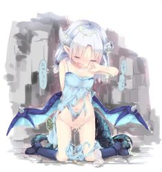  1girl after_rape aftersex blue_dress blue_socks blue_wings blush boots bottomless breasts broken_horn closed_eyes crying cum cum_in_pussy cum_on_body cum_on_hair cum_on_lower_body cum_on_upper_body cumdrip defloration dragon_girl dragon_horns dragon_tail dragon_wings dress facial full_body highres horns kneeling kuroba_u loli long_hair monster_girl off_shoulder open_mouth panties panties_around_leg pointy_ears pussy rape saliva shaking silver_hair small_breasts socks solo tail tears torn_clothes underwear white_panties wings 