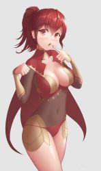 1girl absurdres alternate_costume anna_(fire_emblem) awan0918 blush breasts cape cleavage_cutout clothing_cutout commentary_request covered_navel dark_mage_(fire_emblem_fates) earrings finger_to_mouth fire_emblem fire_emblem_fates gloves highres jewelry medium_breasts nintendo open_mouth ophelia_(fire_emblem)_cosplay ponytail red_cape red_eyes red_hair sidelocks simple_background solo twitter_username rating:Sensitive score:39 user:danbooru