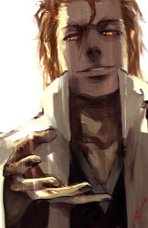 1boy aizen_sousuke bleach brown_hair glowing glowing_eyes grin hair_between_eyes male_focus nail_polish orange_eyes outstretched_arm outstretched_hand reaching realistic signature smile solo tobias_kwan upper_body 