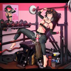  1girl aftersex arknights bar_censor barbell bare_shoulders barefoot bench_press bird_girl black_leggings blush bound breasts breasts_out brown_hair bukkake censored commentary_request compression_sleeve crop_top crotchless cum cum_in_pussy cum_on_body cum_on_feet cup dumbbell english_text facial feather_hair female_pubic_hair hair_between_eyes highres jar leggings leggings_under_shorts midriff multicolored_hair navel nippleless_clothes nipples official_alternate_costume plume_(arknights) plume_(easy_time)_(arknights) pubic_feathers pubic_hair pussy shibari shibari_over_clothes shoes short_hair small_breasts solo sports_bra unworn_shoes white_hair white_sports_bra yellow_eyes zarathuta 