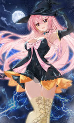  1girl :d armpits artist_name bare_shoulders black_choker black_dress black_gloves black_hat blue_eyes boots bow breasts choker cleavage commentary cross-laced_footwear dress elbow_gloves full_moon gloves hand_up hat headset highres lace-up_boots long_hair looking_at_viewer medium_breasts megurine_luka moon night night_sky open_mouth outdoors parted_lips pink_bow pink_hair pink_ribbon ribbon roozaku short_dress sidelocks sky smile solo standing strapless strapless_dress thighs very_long_hair vocaloid witch witch_hat yellow_footwear 