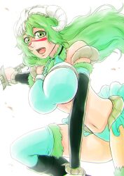  1girl absurdres arm_support bare_shoulders black_sleeves bleach bleach:_sennen_kessen-hen bloom breasts commentary_request curled_horns curvy detached_sleeves eyebrows_hidden_by_hair eyelashes facial_mark fighting_stance floating_hair fur-trimmed_thighhighs fur_collar fur_trim green_eyes green_hair hair_between_eyes haruka_(the_end_is_far) highres holding holding_sword holding_weapon horns katana knee_up large_breasts leaning_forward long_hair long_sleeves looking_afar mask mask_on_head midriff navel nelliel_tu_odelschwanck open_mouth revealing_clothes scar scar_on_face simple_background skull_mask solo sword teeth thighhighs thighs upper_teeth_only wavy_hair weapon white_background white_thighhighs 