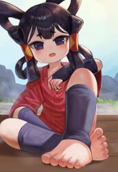  1girl black_hair blush collarbone commentary_request dokomon feet fingerless_gloves foot_focus gloves hair_rings highres japanese_clothes kimono knee_up korean_commentary looking_at_viewer no_shoes open_mouth red_eyes red_kimono sakuna-hime short_eyebrows short_sleeves sitting solo stirrup_legwear sweat tensui_no_sakuna-hime thick_eyebrows toeless_legwear toes  rating:Sensitive score:24 user:danbooru