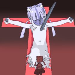 2girls armpits bandaid bandaids_on_nipples colored_skin covered_face cross crucifixion dual_persona facing_another from_behind giant giantess gradient_background impaled lilith_(evangelion) lokulo-chan_(lokulo_no_mawashimono) lokulo_no_mawashimono loli long_hair low_twintails lowres mask multiple_girls navel neon_genesis_evangelion original oversized_object parody pasties purple_hair red_background scene_reference severed_torso shadow shrug_(clothing) size_difference skirt stylus twintails white_skin wide_shot