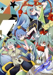 3331_(vocaloid) 4girls \m/ aqua_eyes aqua_hair bare_arms bare_shoulders black_dress black_shirt black_skirt blue_eyes blue_hair bouquet collarbone commentary creator_connection crown crypton_future_media demon_tail dress epaulettes expressionless facial_mark flower gloves green_shirt green_skirt grin hair_flower hair_ornament hair_ribbon hand_up hatsune_miku hatsune_miku_happy_16th_birthday_-dear_creators- holding holding_bouquet horn_ornament horns kimagure_mercy_(vocaloid) long_hair looking_ahead looking_at_viewer looking_to_the_side mini_crown miniskirt multiple_girls multiple_persona open_mouth pale_skin pansy pleated_skirt red_flower red_gloves red_rose ribbon rose satisfaction_(kz)_(vocaloid) second-party_source shirt signature single_epaulette skirt smile star_(symbol) tail tansuke twintails v-shaped_eyebrows very_long_hair vocaloid wedding_dress weekender_girl_(vocaloid) white_dress white_gloves white_ribbon yellow_dress yellow_flower 