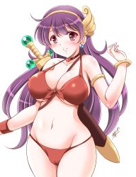 1girl artist_name athena_(series) bikini breasts cleavage front-tie_bikini_top front-tie_top highres large_breasts legs long_hair mizushiro_takuya navel princess_athena purple_hair red_bikini red_eyes smile snk solo swimsuit sword thick_thighs thighs underboob weapon 