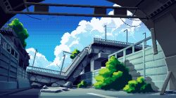  animated animated_gif bird blue_sky bridge cloud day no_humans original outdoors overgrown pixel_art scenery setamo_map sky 