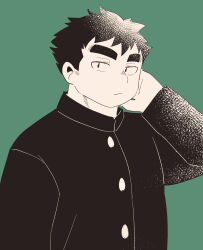  1boy :/ absurdres bara gakuran greyscale_with_colored_background half-closed_eyes hand_on_own_cheek hand_on_own_face highres huge_eyebrows looking_at_viewer male_focus plump protagonist_5_(housamo) sanpaku school_uniform short_hair solo suna_sand1 tokyo_houkago_summoners tsurime upper_body 
