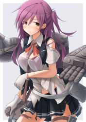  10s 1girl bad_id bad_pixiv_id blouse blush bra breasts cannon gloves hagikaze_(kancolle) highres kantai_collection kuwachii long_hair looking_at_viewer machinery medium_breasts neck_ribbon pleated_skirt purple_bra purple_hair red_ribbon ribbon school_uniform shirt side_ponytail skirt solo torn_clothes torn_shirt torn_skirt torpedo turret underwear vest white_gloves yellow_eyes 