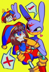  1boy 1girl black_eyes blood blood_on_face blue_eyes brown_hair carrying clenched_teeth commentary english_commentary gloves hat highres jax_(the_amazing_digital_circus) jester jester_cap kiss kissing_cheek maplemersh26 multicolored_eyes pomni_(the_amazing_digital_circus) rabbit red_eyes short_hair simple_background spoken_x surprised sweat teeth the_amazing_digital_circus yellow_background yellow_gloves  rating:General score:13 user:danbooru