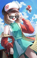  1girl :d absurdres adjusting_eyewear against_railing apple apple_(reverse:1999) aqua_dress aqua_neckerchief backpack bag black_bow black_bowtie blue_sky bolcham bow bowtie brown_hair cabbie_hat cloud coat cowboy_shot day dress food fruit hand_on_eyewear hand_up hat highres holding holding_bag long_sleeves looking_at_viewer looking_over_eyewear neckerchief open_clothes open_coat open_mouth orange_eyes paper railing red_coat regulus_(reverse:1999) reverse:1999 short_dress short_hair single_bare_shoulder single_off_shoulder sky sleeveless sleeveless_dress smile solo sunglasses teeth traditional_bowtie upper_teeth_only water 