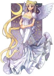  1990s_(style) 1girl angel_wings arutera bad_id bad_pixiv_id bishoujo_senshi_sailor_moon blonde_hair crescent crescent_facial_mark crescent_moon double_bun dress facial_mark forehead_mark full_body gown grey_eyes highres long_hair moon own_hands_together princess princess_serenity puffy_sleeves purple_background retro_artstyle smile solo star_(symbol) starry_background thighs tsukino_usagi twintails very_long_hair white_dress wings  rating:Sensitive score:20 user:danbooru