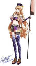  1girl absurdres arknights bagpipe_(arknights) bagpipe_(arknights)_(cosplay) bagpipe_(queen_no._1)_(arknights) bare_shoulders blonde_hair blue_eyes blue_thighhighs commentary cosplay crop_top drill_hair drill_sidelocks flag full_body genshin_impact hat highres holding holding_flag long_hair looking_at_viewer maikeruexe midriff navel navia_(genshin_impact) purple_shorts shoes short_shorts shorts sidelocks simple_background smile solo standing stomach thigh_strap thighhighs thighs toyosaki_aki very_long_hair voice_actor_connection white_background 
