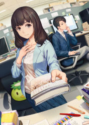 1boy 1girl bag black_eyes blazer book box brown_hair cabinet cardboard_box ceiling cherry_blossoms collarbone desk dutch_angle frown hand_on_own_chest head_rest highres holding holding_book indoors jacket jealous kappa keyboard crossed_legs lips looking_at_viewer medium_hair monitor office office_lady original outstretched_arm paper_bag pen pillow pov shelf short_hair sitting skirt smile sticky_note sweater_under_jacket yumemizuki rating:Sensitive score:9 user:danbooru