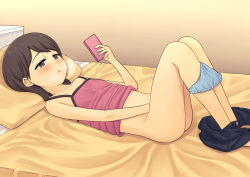  1girl bed blush brown_eyes brown_hair clothes_pull commentary_request female_masturbation flat_chest holding holding_phone komaniwa_pumpkin lying masturbation original panties pants pants_pull panty_pull phone pillow short_hair solo underwear  rating:Explicit score:127 user:danbooru