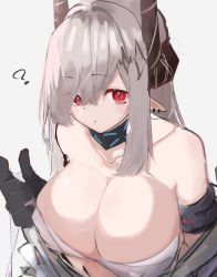  1girl ? arknights arm_strap asususususu bare_shoulders bikini black_gloves breasts cleavage closed_mouth collar ear_piercing gloves hair_ornament hair_over_one_eye highres horns large_breasts long_hair looking_at_viewer mudrock_(arknights) piercing pointy_ears red_eyes silver_hair simple_background solo strapless strapless_bikini swimsuit undressing upper_body very_long_hair white_background white_bikini  rating:Questionable score:18 user:danbooru