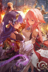  2girls absurdres animal_ears arm_up back back_bow bare_back bare_shoulders blush bow braid breasts bridal_gauntlets bu_bai_(wres2744) butterfly_hair_ornament closed_eyes closed_mouth dancing detached_sleeves earrings fan_hair_ornament fingernails floral_print flower fox_ears fox_girl gem genshin_impact gold_trim hair_between_eyes hair_flower hair_ornament hair_ribbon hand_fan hand_up highres holding holding_hands japanese_clothes jewelry kimono long_hair long_sleeves looking_at_another low-tied_long_hair medium_breasts mitsudomoe_(shape) mole mole_under_eye multicolored_hair multiple_girls nontraditional_miko off_shoulder outdoors pink_eyes pink_hair purple_flower purple_gemstone purple_hair purple_kimono purple_ribbon raiden_shogun rain red_bow red_skirt reflection ribbon shirt sidelocks skirt smile standing tassel tassel_hair_ornament tomoe_(symbol) turtleneck two-tone_hair vision_(genshin_impact) water white_shirt wide_sleeves yae_miko yuri 