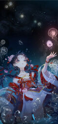  1girl black_hair blue_eyes bracelet bubble chinese_clothes clip_studio_paint_(medium) deng_shiyumi earrings facial_mark flower hair_flower hair_ornament hanfu highres huadian jellyfish jewelry long_hair long_sleeves low_twintails nail_polish original painttool_sai_(medium) qixiong_ruqun red_nails red_ribbon ribbon ruqun solo surreal tassel twintails underwater wading water wide_sleeves 