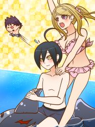  1girl 2boys ahoge akamatsu_kaede alternate_costume arm_up bare_arms bare_legs bare_shoulders barefoot bikini black_eyes black_hair black_male_underwear blonde_hair bow breasts checkered_background chibi cleavage closed_mouth collarbone commentary_request danganronpa_(series) danganronpa_v3:_killing_harmony eyelashes facial_hair feet_out_of_frame flat_chest flower flying_sweatdrops fortissimo frilled_bikini frills goatee hair_between_eyes hair_flower hair_ornament hand_on_another&#039;s_shoulder happy inflatable_toy large_breasts leaf leaf_background light_blush long_hair looking_ahead male_swimwear male_underwear momota_kaito multiple_boys musical_note musical_note_hair_ornament navel no_nipples open_mouth pale_skin pink_bikini pink_bow pink_flower ponytail pool purple_eyes purple_hair red_flower saihara_shuichi shark short_hair simple_background smile solid_oval_eyes space_print spaghetti_strap speed_lines spiked_hair standing starry_sky_print stomach swim_trunks swimsuit teeth topless_male underwear upper_teeth_only yellow_background yellow_eyes yumaru_(marumarumaru) 